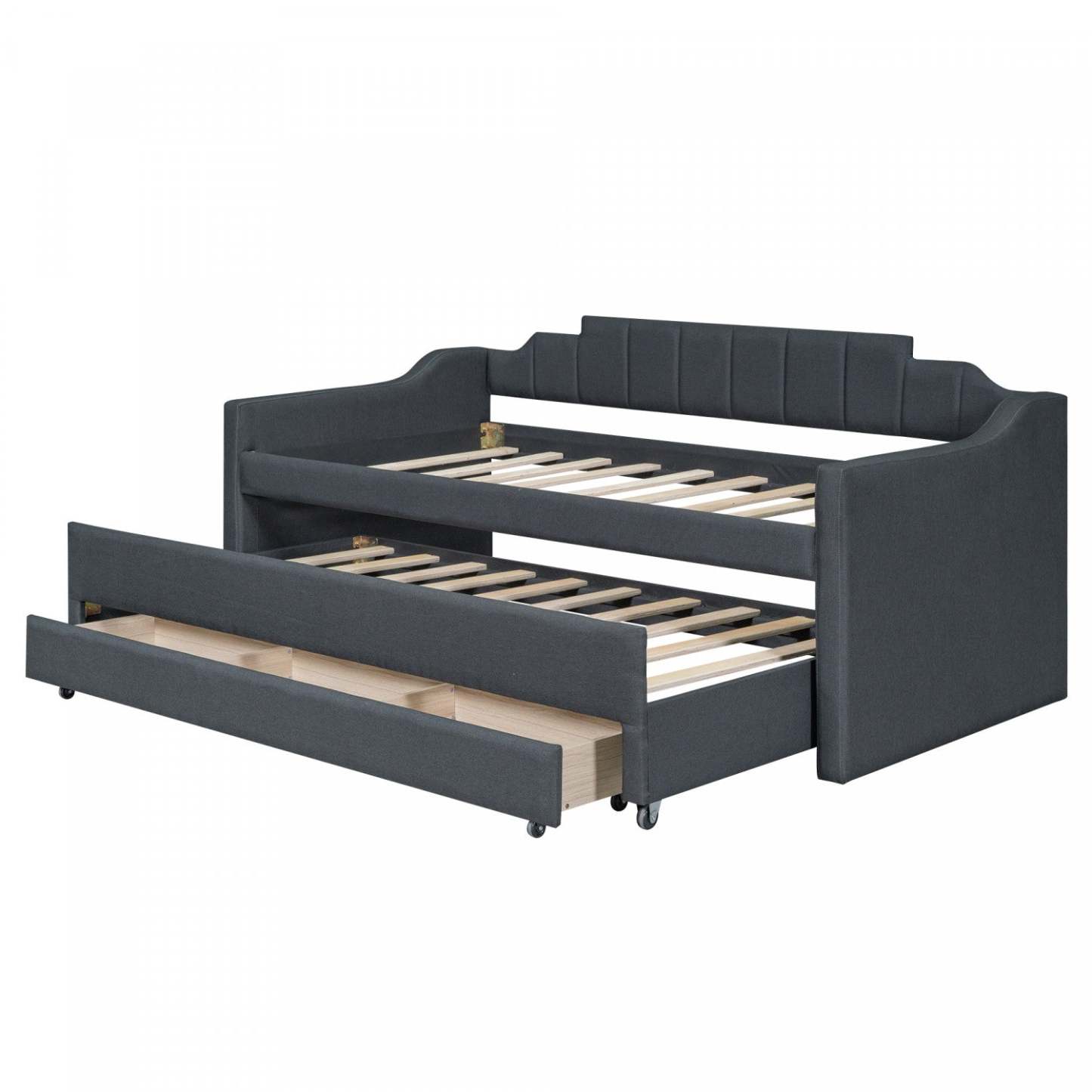 Lit de repos rembourré en tissu d'apparence lin Hogan avec lit gigogne et tiroirs de rangement, taille simple - Gris | Hogan – Lit De Jour Rembourre En Tissu Aspect Lin Avec Lit Gigogne Et Tiroirs De Rangement, Format Simple - Gris