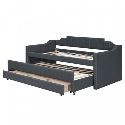 Lit de repos rembourré en tissu d'apparence lin Hogan avec lit gigogne et tiroirs de rangement, taille simple - Gris | Hogan – Lit De Jour Rembourre En Tissu Aspect Lin Avec Lit Gigogne Et Tiroirs De Rangement, Format Simple - Gris