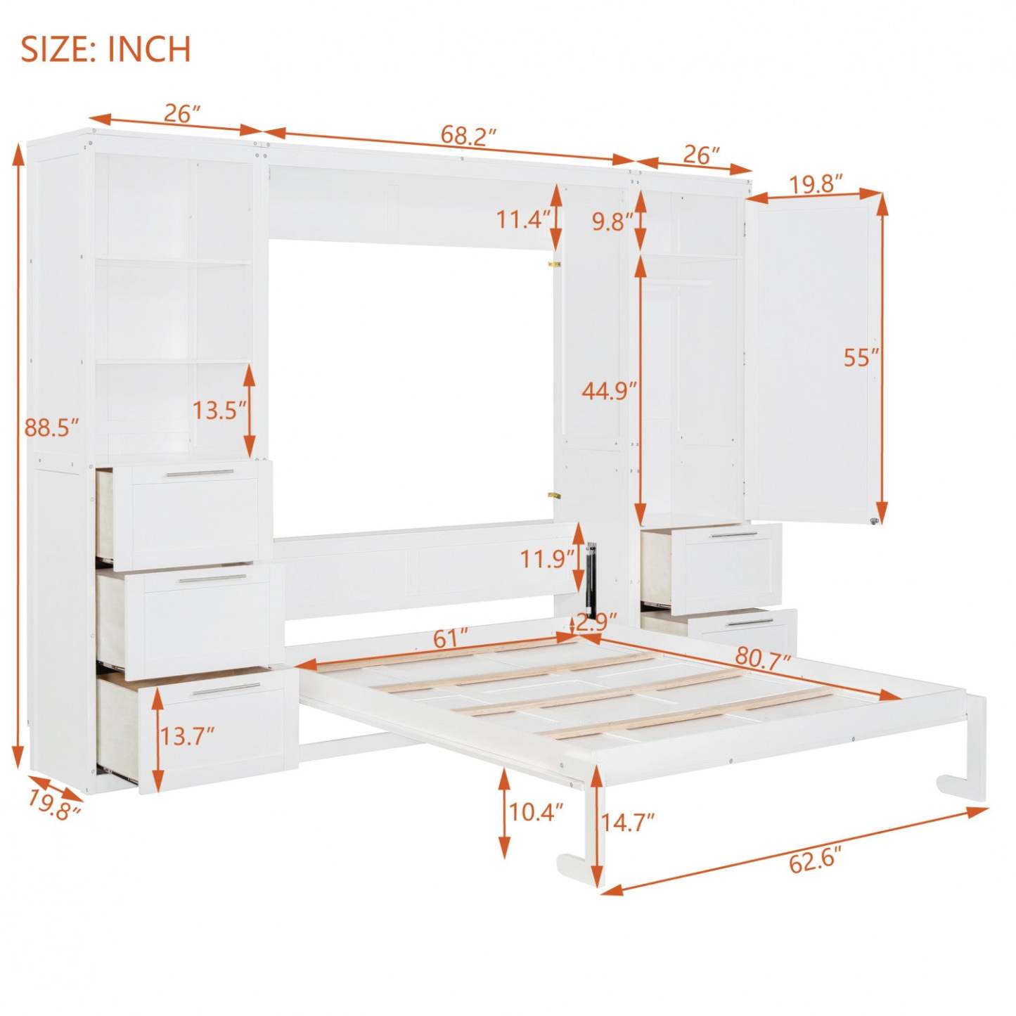 Angela Lit Mural Escamotable En Bois Composite Avec Tiroirs Et Étagères, Taille Queen - Blanc