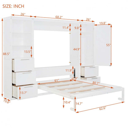 Angela Lit Mural Escamotable En Bois Composite Avec Tiroirs Et Étagères, Taille Queen - Blanc