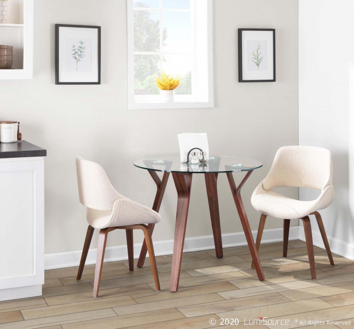 LumiSource Folia Glass Mid-Century Modern Round Dinette Dining Table - Walnut|Table ronde moderne du milieu du 20e siècle Folia en verre pour le coin-repas ou la salle à manger - noyer