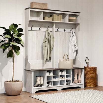 Rustic Ridge Farmhouse Entryway Storage Cabinet with Shoe Cubbies & Coat Hooks - Washed White|Armoire de rangement Rustic Ridge champêtre pour l’entrée avec compartiments pour chaussures et crochets à manteaux - blanc vieilli