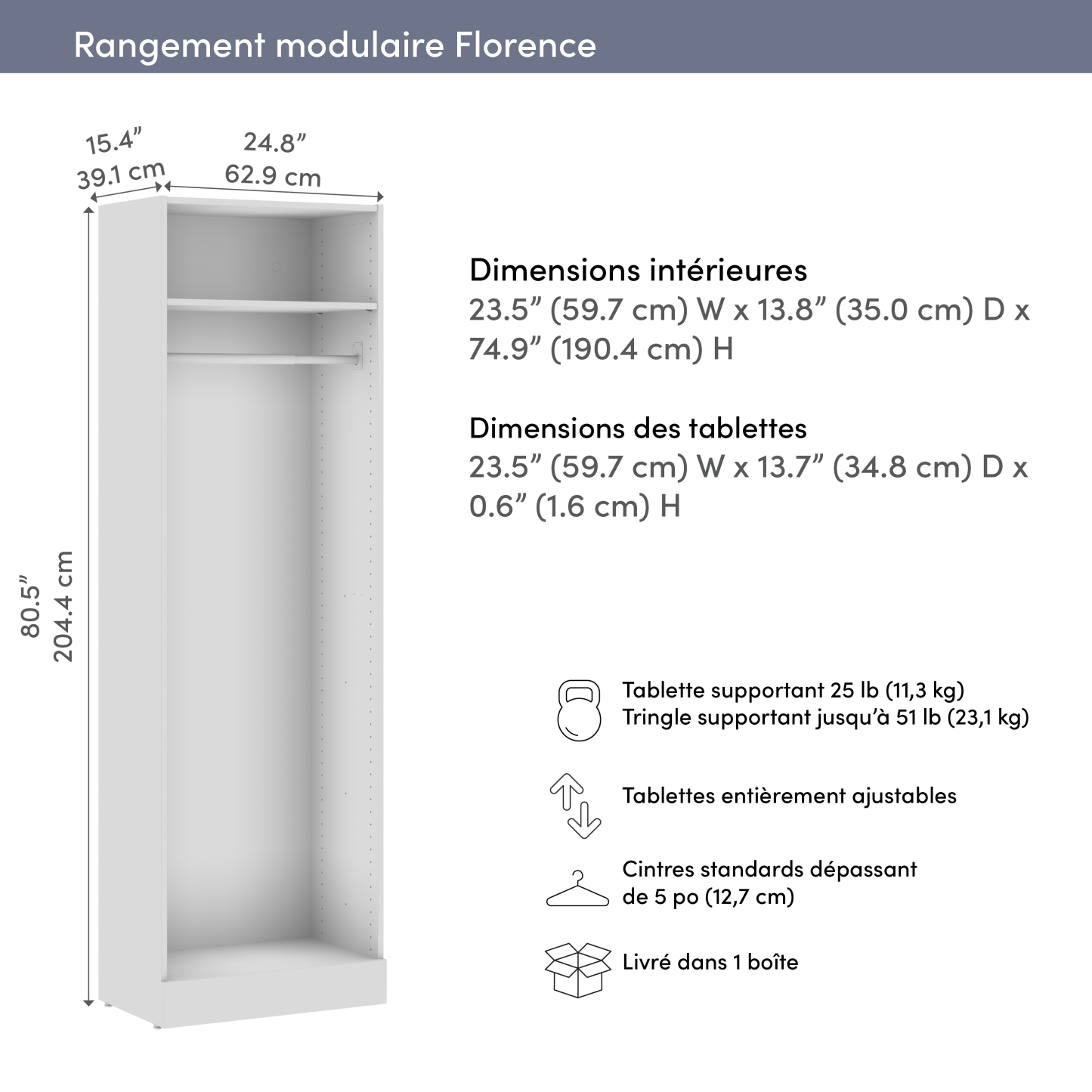 Bestar Florence 25 Modular Hanging Closet System with Shelf - White|Système de garde-robe modulaire à espace pour suspendre Florence de Bestar de 25 po avec tablette - blanc