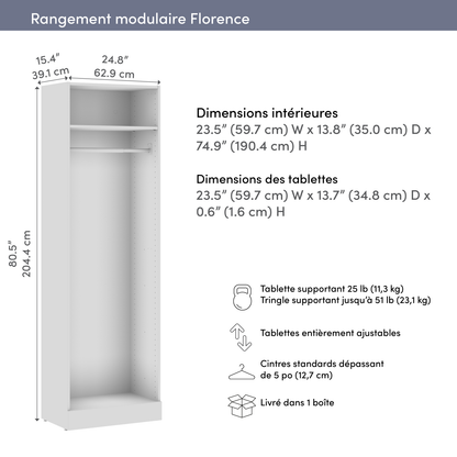 Bestar Florence 25 Modular Hanging Closet System with Shelf - White|Système de garde-robe modulaire à espace pour suspendre Florence de Bestar de 25 po avec tablette - blanc
