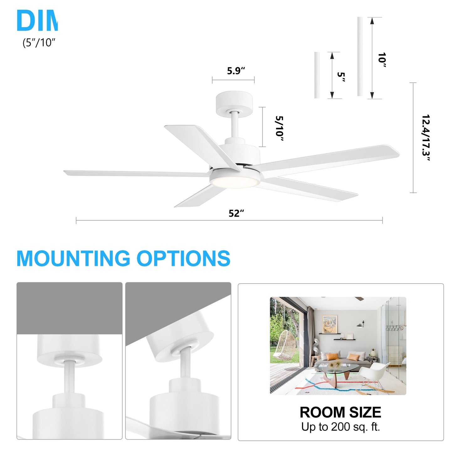 Ventilateur de plafond Breezary 65/52/42 à 5 pales avec éclairage LED, télécommande incluse.