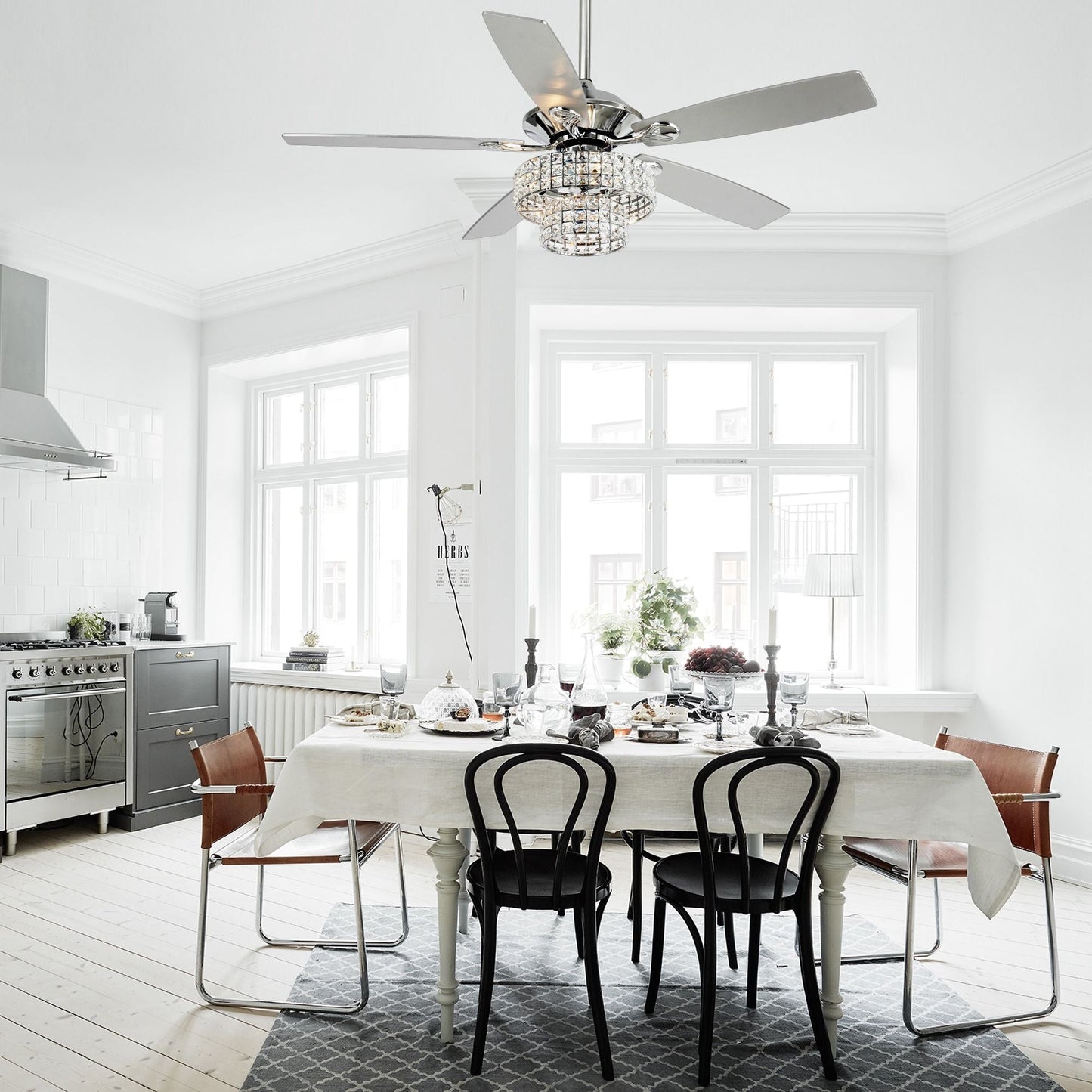 Ventilateur de plafond moderne en bois chromé à 5 pales de 52 pouces avec télécommande