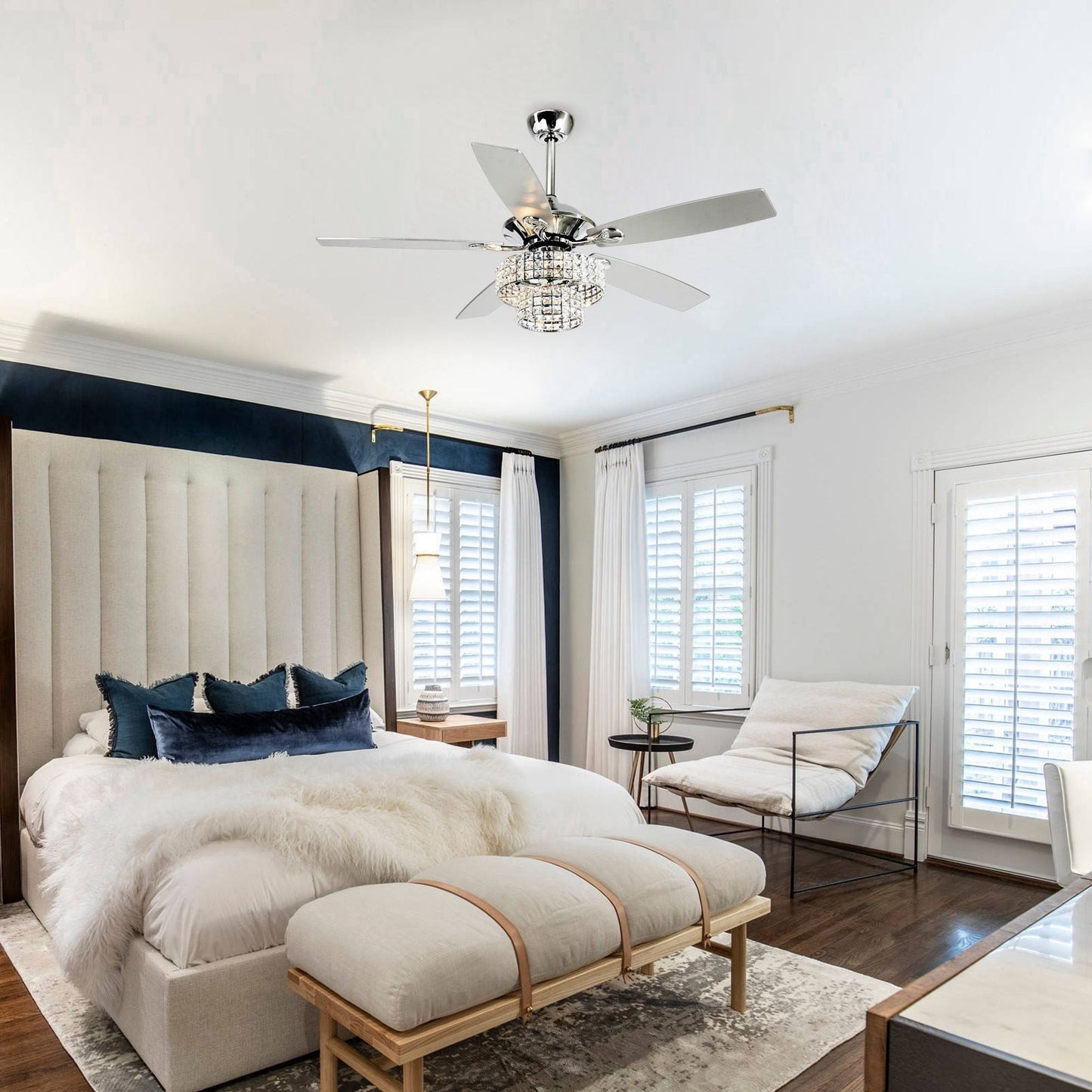 Ventilateur de plafond moderne en bois chromé à 5 pales de 52 pouces avec télécommande