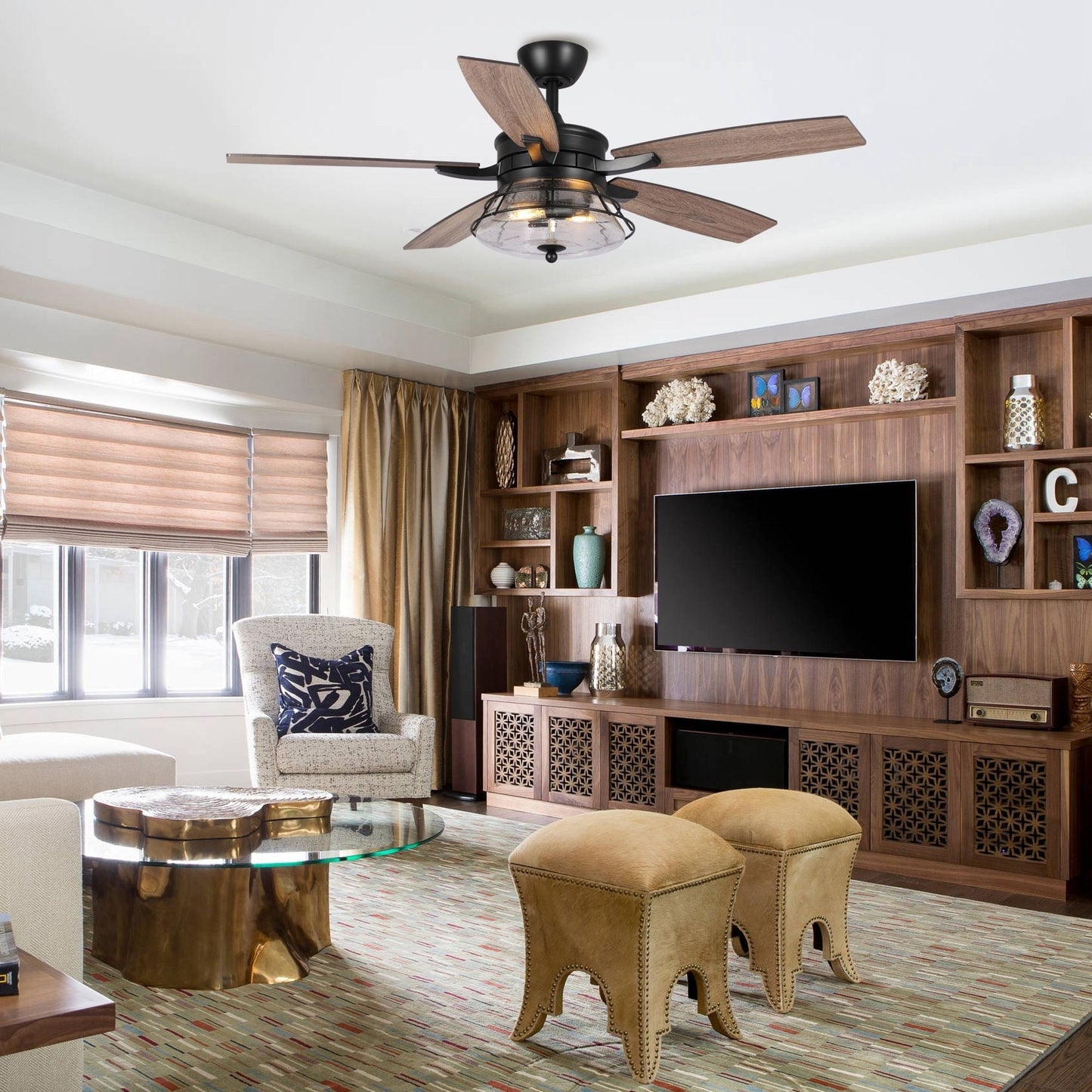 Ventilateur de plafond décoratif industriel en verre noir bullé de 52 pouces avec télécommande et kit d'éclairage