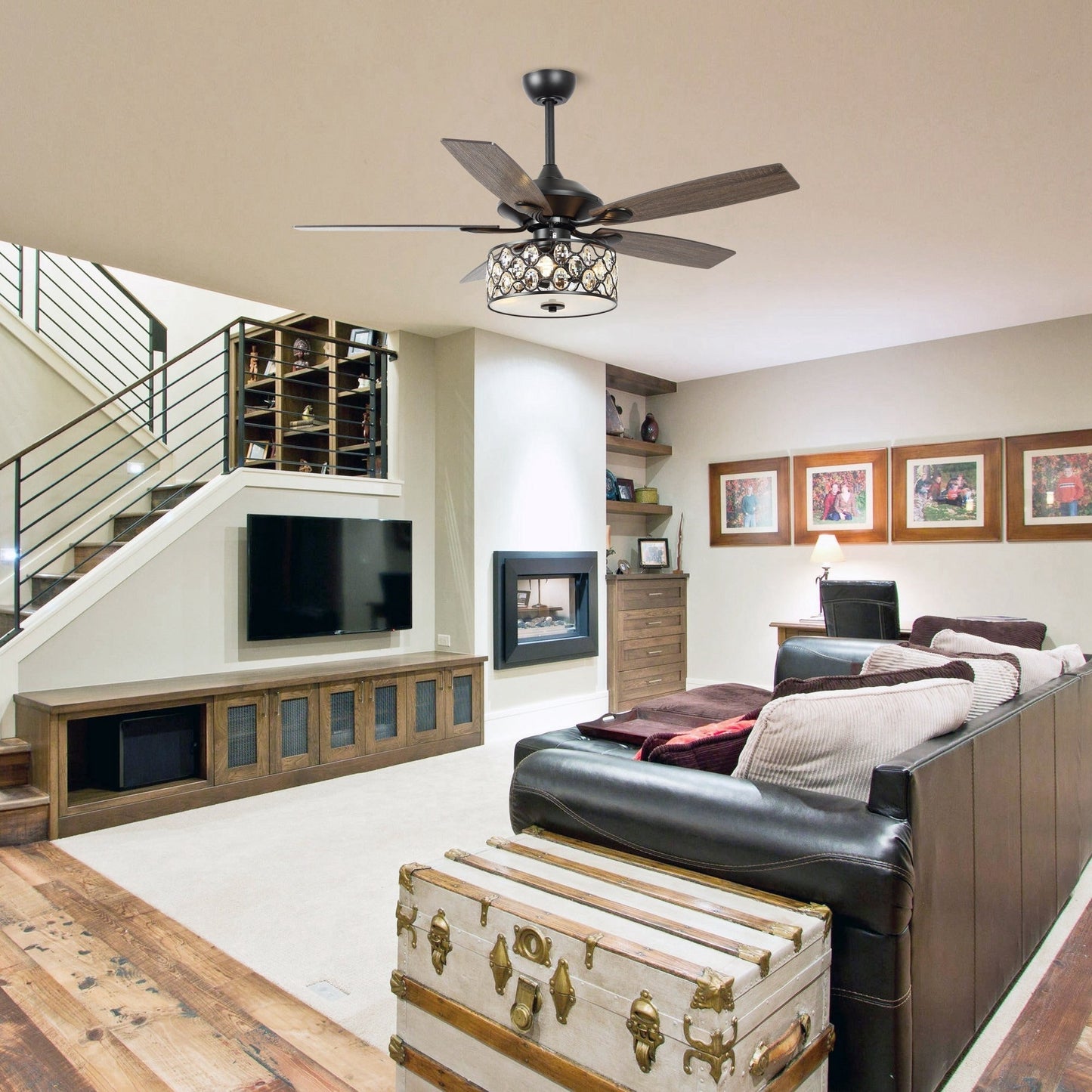 Lustre moderne à 4 lumières de 52 pouces avec ventilateur de plafond en cristal et télécommande