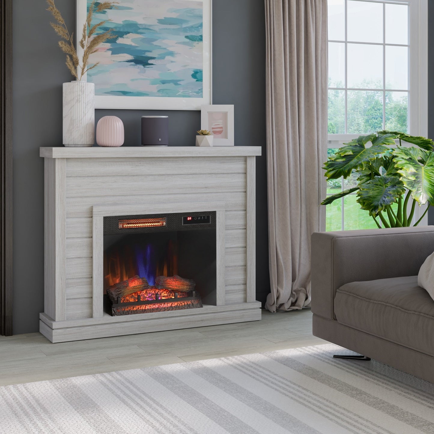 Manteau de cheminée mural en lambris de 52 pouces avec insert de cheminée 3D