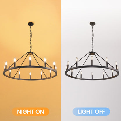 Lustre rond de 54 pouces en forme de roue de chariot avec 24 lumières
