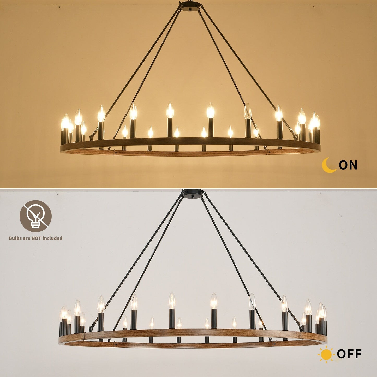 Lustre rond de 54 pouces en forme de roue de chariot avec 24 lumières