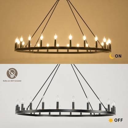 Lustre rond de 54 pouces en forme de roue de chariot avec 24 lumières