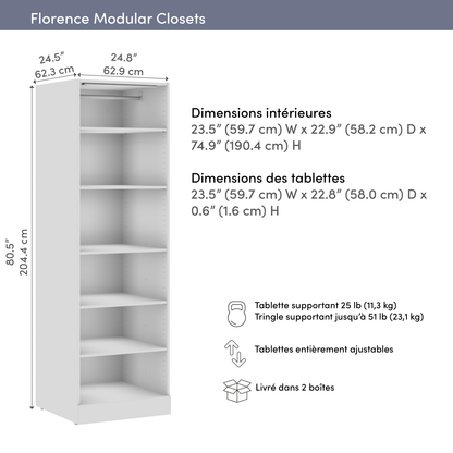 Système de garde-robe et pièce-penderie modulaire Florence de Bestar de 25 po avec éclairage à DEL et tablettes - blanc