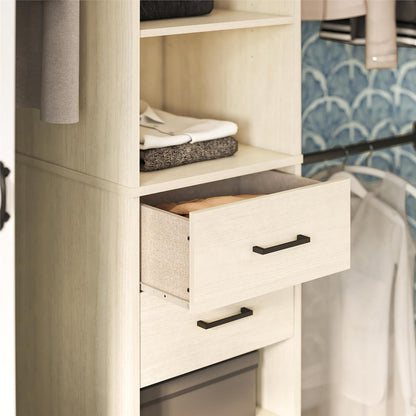 Novogratz Kelly 5-Shelf/2-Drawer Closet Organizer with 3 Adjustable Hanging Rods - Ivory Oak|Organisateur de garde-robe Kelly Novogratz à 5 tablettes et 2 tiroirs avec 3 tringles réglables - chêne ivoire