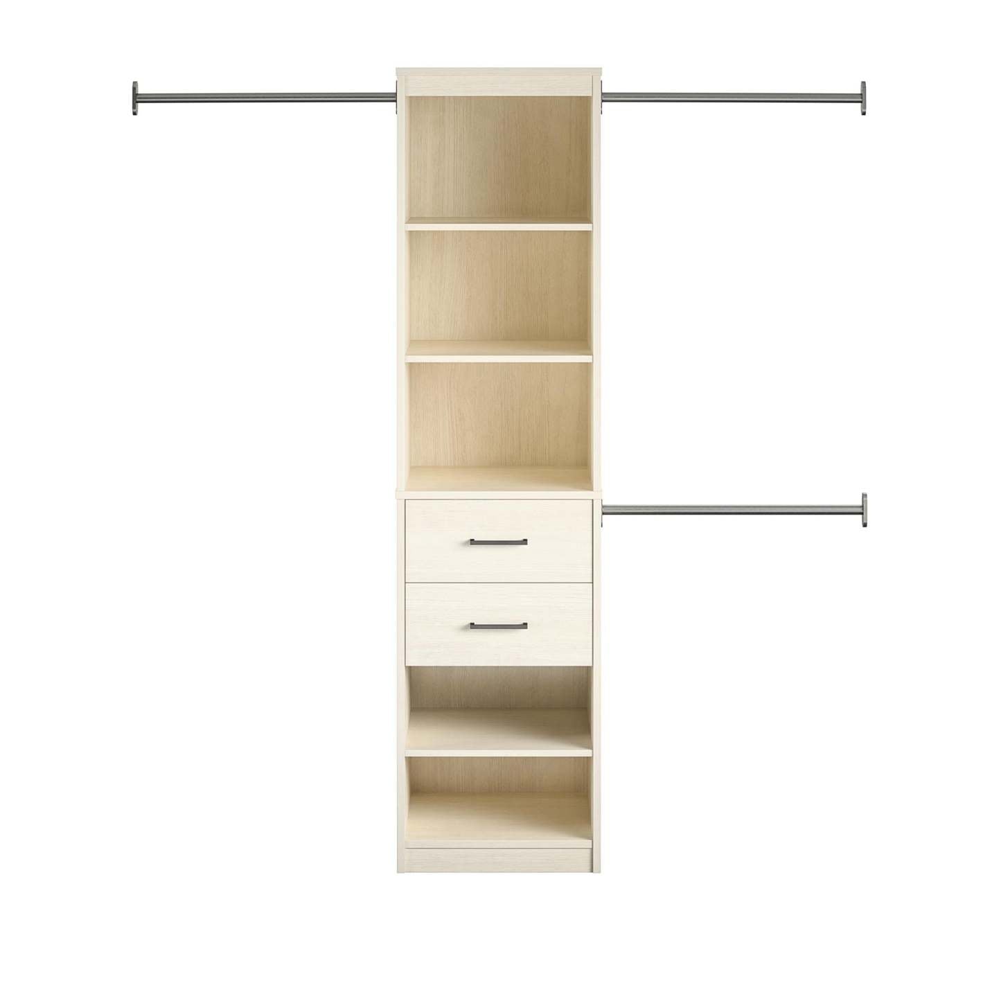 Novogratz Kelly 5-Shelf/2-Drawer Closet Organizer with 3 Adjustable Hanging Rods - Ivory Oak|Organisateur de garde-robe Kelly Novogratz à 5 tablettes et 2 tiroirs avec 3 tringles réglables - chêne ivoire