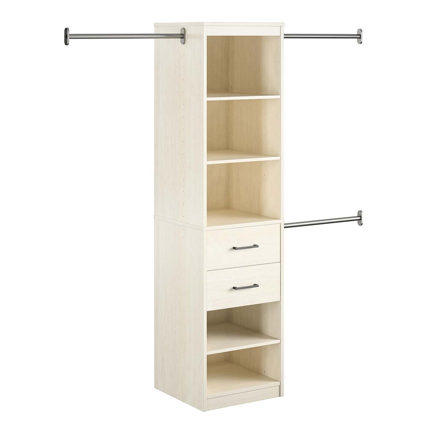 Novogratz Kelly 5-Shelf/2-Drawer Closet Organizer with 3 Adjustable Hanging Rods - Ivory Oak|Organisateur de garde-robe Kelly Novogratz à 5 tablettes et 2 tiroirs avec 3 tringles réglables - chêne ivoire