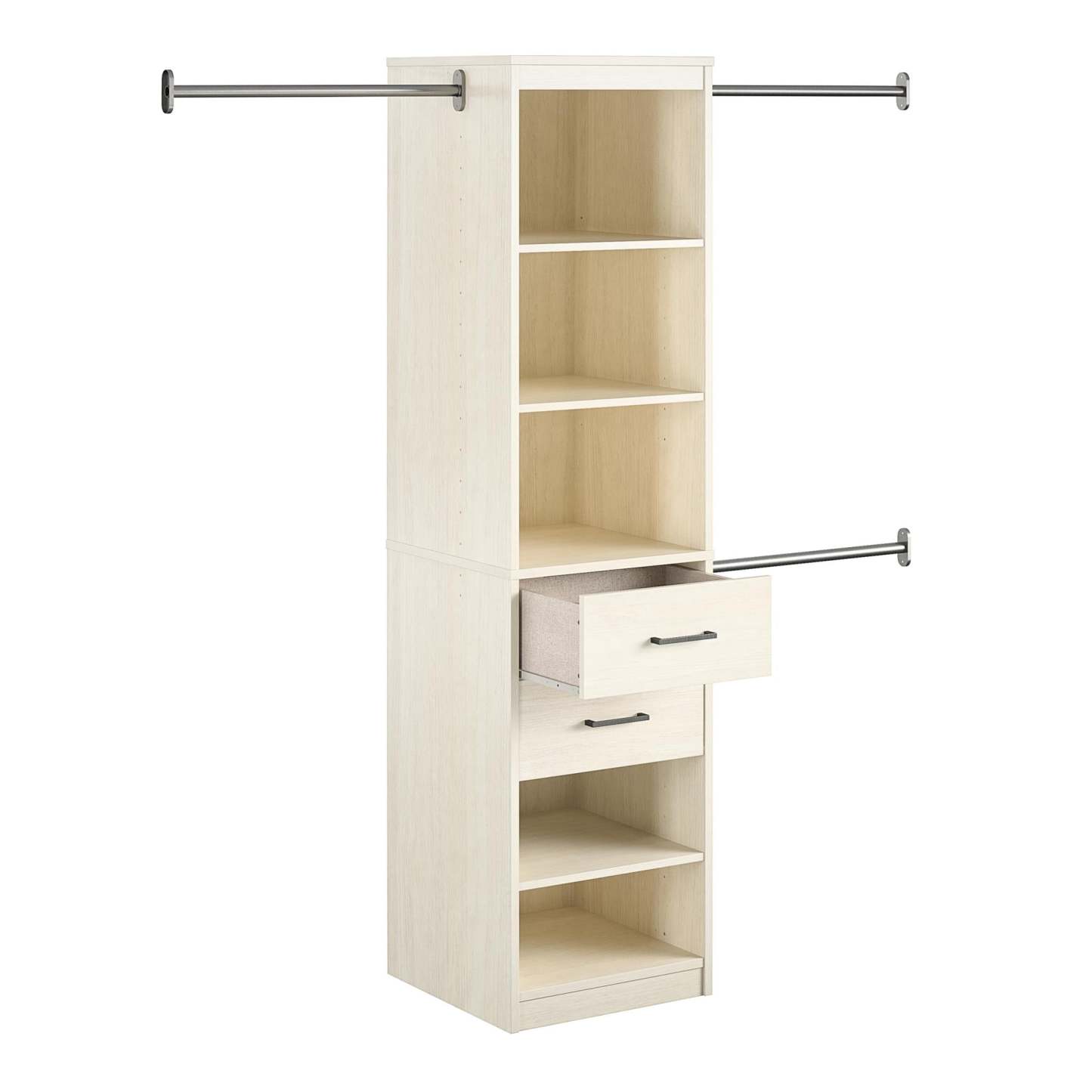 Novogratz Kelly 5-Shelf/2-Drawer Closet Organizer with 3 Adjustable Hanging Rods - Ivory Oak|Organisateur de garde-robe Kelly Novogratz à 5 tablettes et 2 tiroirs avec 3 tringles réglables - chêne ivoire
