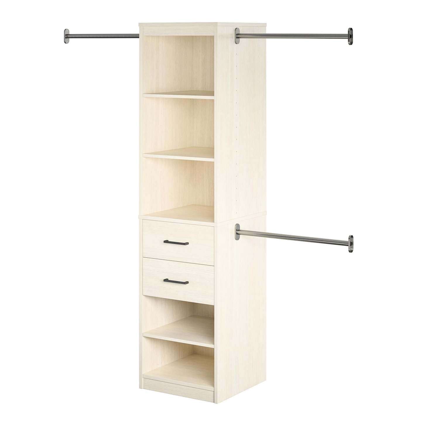 Novogratz Kelly 5-Shelf/2-Drawer Closet Organizer with 3 Adjustable Hanging Rods - Ivory Oak|Organisateur de garde-robe Kelly Novogratz à 5 tablettes et 2 tiroirs avec 3 tringles réglables - chêne ivoire