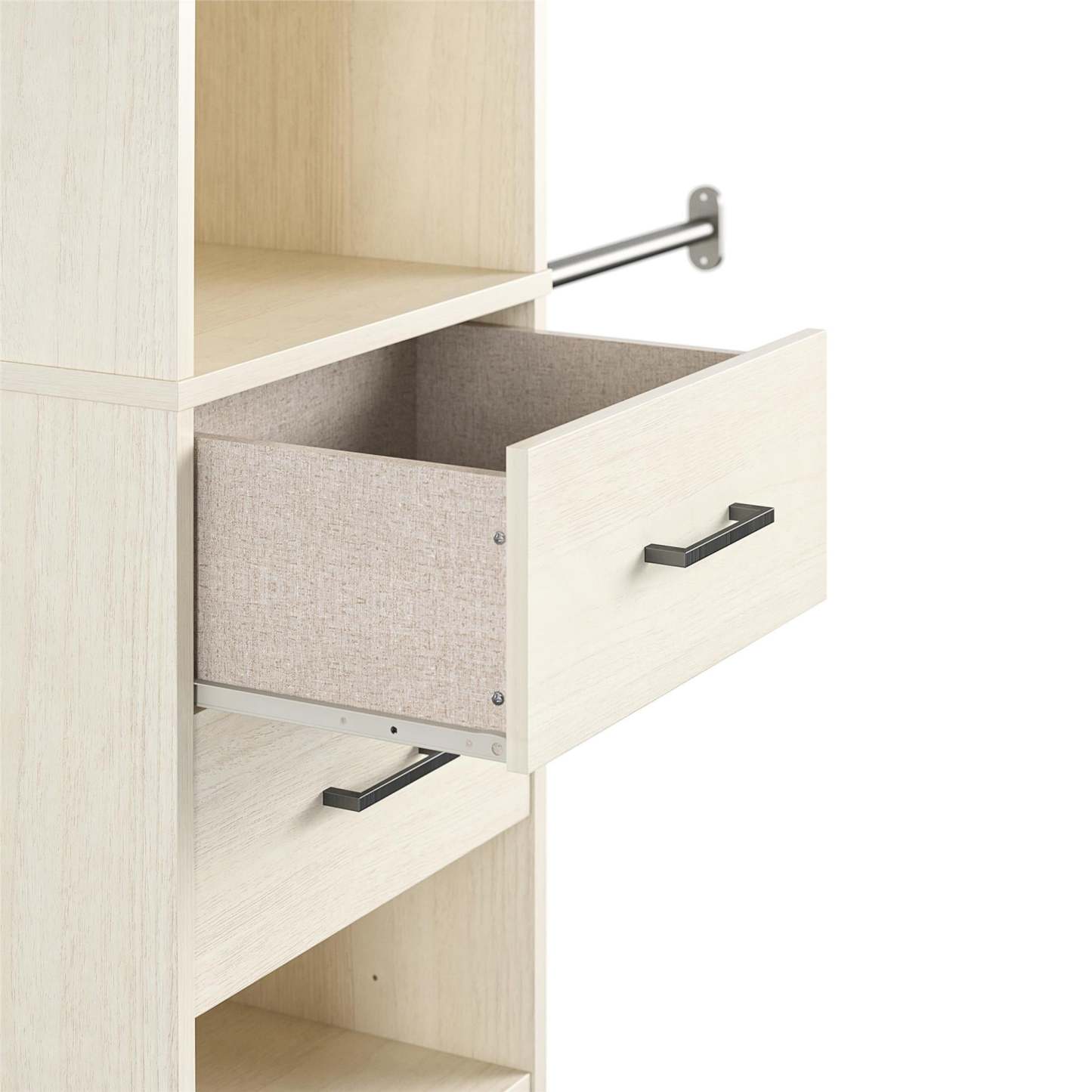 Novogratz Kelly 5-Shelf/2-Drawer Closet Organizer with 3 Adjustable Hanging Rods - Ivory Oak|Organisateur de garde-robe Kelly Novogratz à 5 tablettes et 2 tiroirs avec 3 tringles réglables - chêne ivoire