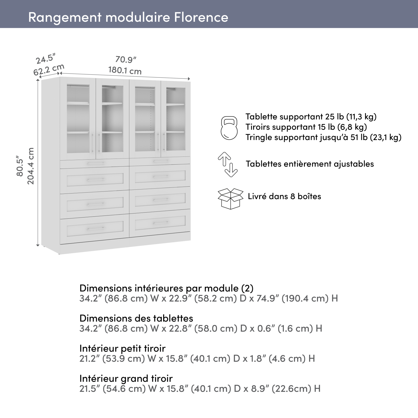 Système de pièce-penderie modulaire Florence de Bestar de 71 po avec éclairage à DEL et rangement - blanc