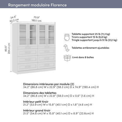 Système de pièce-penderie modulaire Florence de Bestar de 71 po avec éclairage à DEL et rangement - blanc