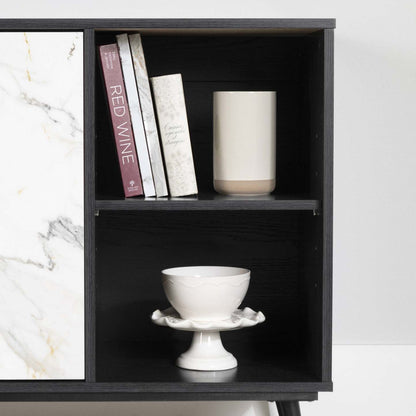 Buffet Mezzy à 2 portes avec rangement ouvert - Chêne noir et faux marbre blanc | Mezzy Buffet 2 Portes Avec Rangement Ouvert - Chene Noir Et Faux Marbre Blanc