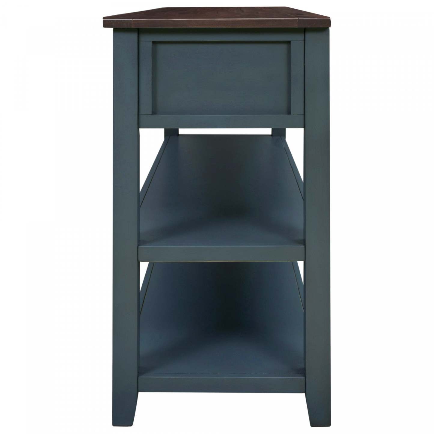 Wendy Table console en bois massif avec 3 tiroirs et 2 étagères ouvertes, armoire d'appoint bleu marine | Console Wendy En Bois Massif Avec 3 Tiroirs Et 2 Etageres Ouvertes, Bleu Marine