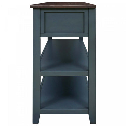 Wendy Table console en bois massif avec 3 tiroirs et 2 étagères ouvertes, armoire d'appoint bleu marine | Console Wendy En Bois Massif Avec 3 Tiroirs Et 2 Etageres Ouvertes, Bleu Marine