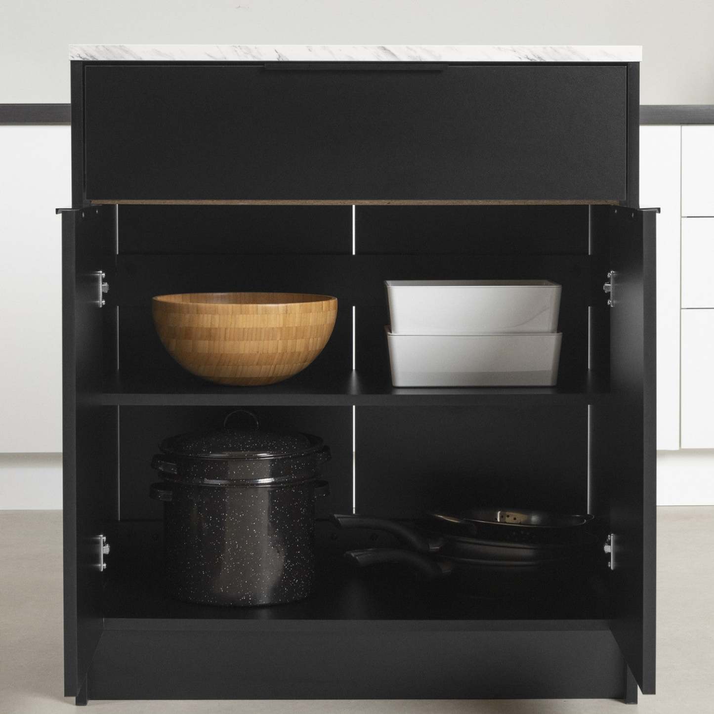 Olio Compact Kitchen Island with Storage - Matte Black &amp; Faux White Marble|Îlot de cuisine compact Olio avec rangement - noir mat et imitation de marbre blanc