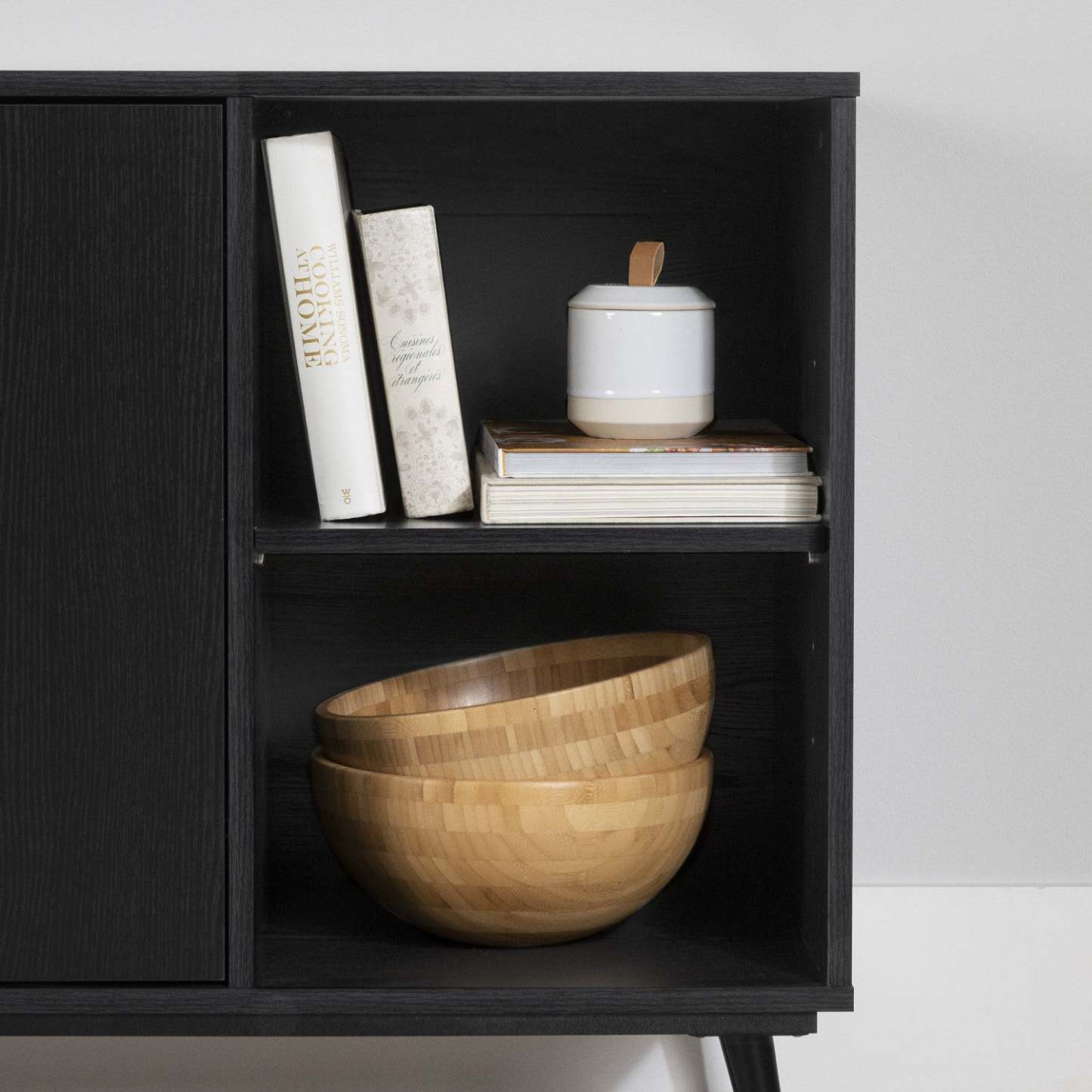 Armoire d'appoint à 2 portes Mezzy avec rangement ouvert - Chêne noir | Armoire décorative Mezzy à 2 portes avec rangement ouvert - chêne noir