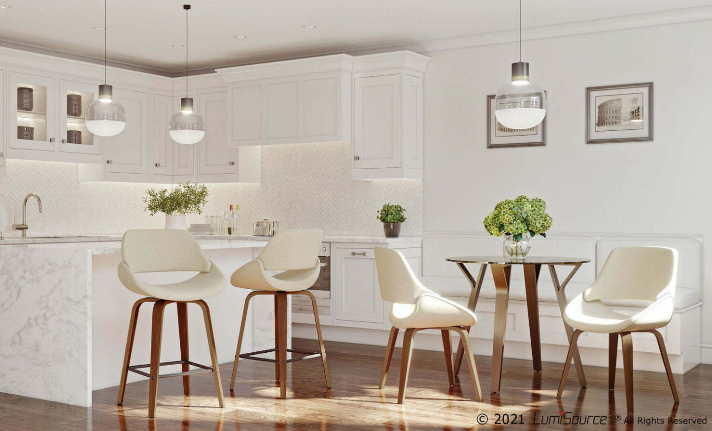 LumiSource Folia Glass Mid-Century Modern Round Dinette Dining Table - Walnut|Table ronde moderne du milieu du 20e siècle Folia en verre pour le coin-repas ou la salle à manger - noyer