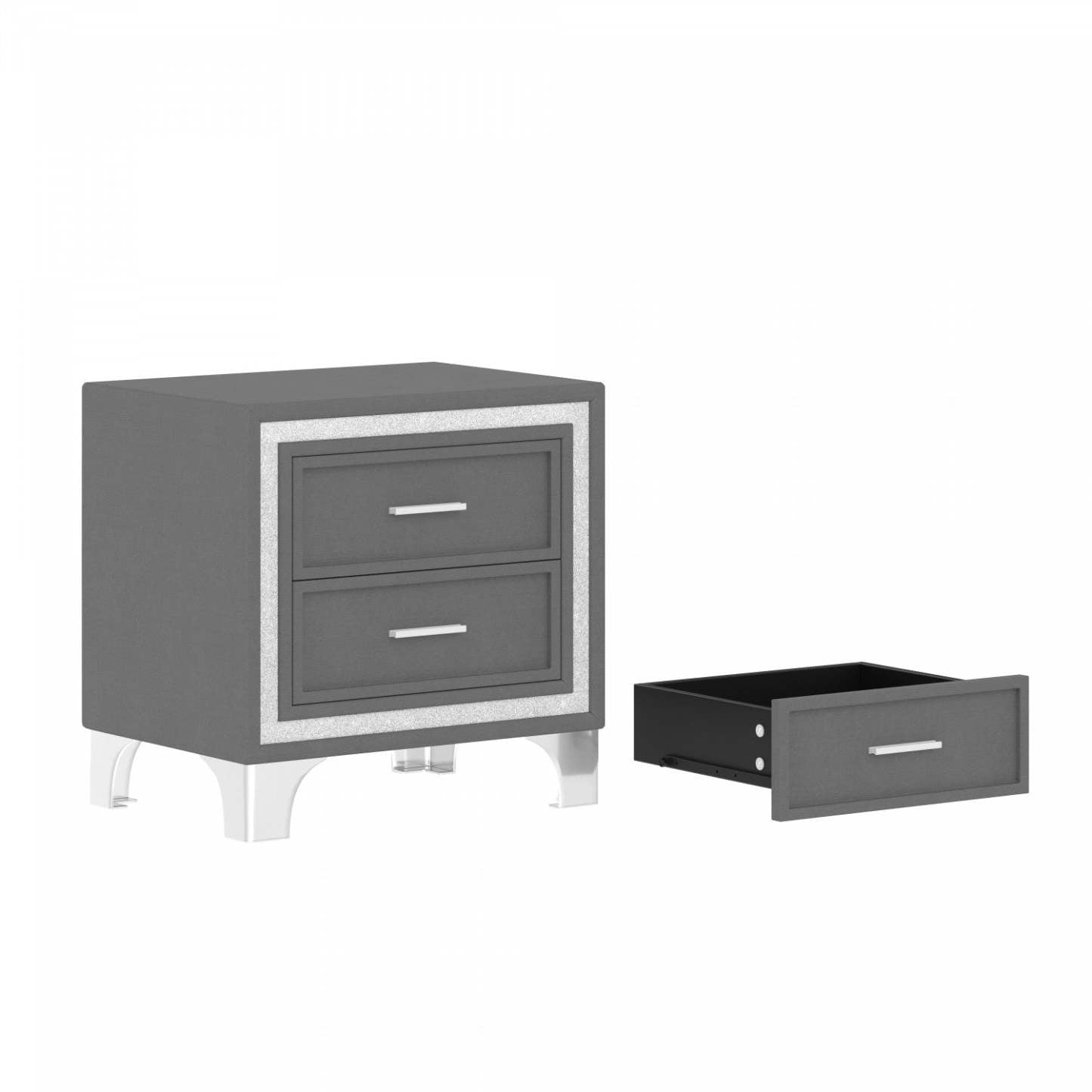 Ensemble De Chambre Sophia 3 Pièces Avec Tête De Lit Capitonnée En Velours, Lit Tapissé Et Éclairage LED, Taille Queen, Gris