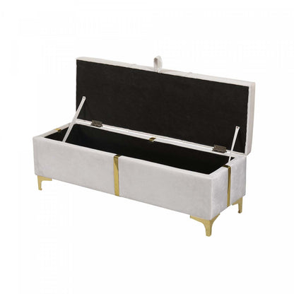 Banc ottoman de rangement rembourré en velours doux Tony avec pieds en métal, beige | Banc Coffre De Rangement Tony En Velours Doux Avec Pieds Métalliques, Beige