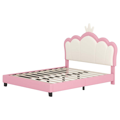 Lit princesse rembourré Judson avec tête de lit couronne et cadre plateforme en PU, pleine taille, lit double rose | Lit Princesse Judson Tapisse Avec Tête De Lit En Forme De Couronne Et Cadre Plateforme En Pu, Taille Full, Rose