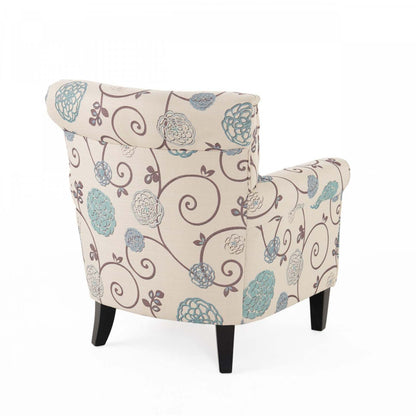 Chaise d'appoint en tissu d'apparence lin Catherine avec pattes en bois - Blanc et bleu | Fauteuil D'appoint Catherine En Tissu aspect lin Avec Pieds En Bois - Blanc Et Bleu