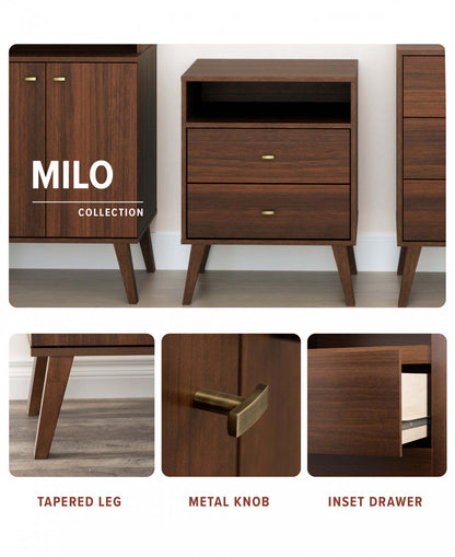 Bibliothèque moderne Milo Mid-Century avec 6 étagères, 2 portes et boutons au fini laiton brossé - Cerisier|Bibliothèque moderne du milieu du 20e siècle Milo avec 6 tablettes, 2 portes et poignées au fini laiton brossé - cerisier