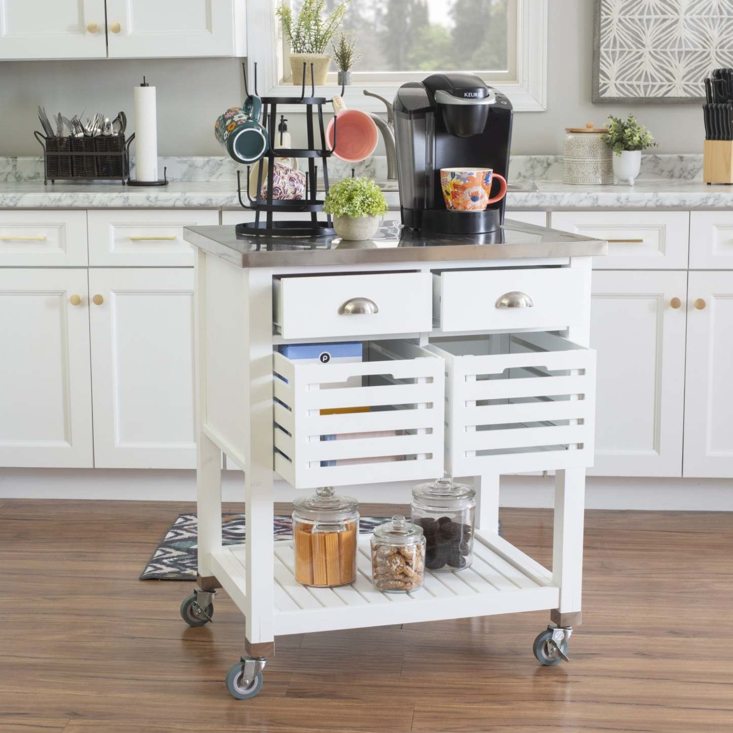 Robbin Wood Kitchen Bar Cart Storage - White|Chariot-bar de rangement Robbin en bois pour la cuisine - blanc