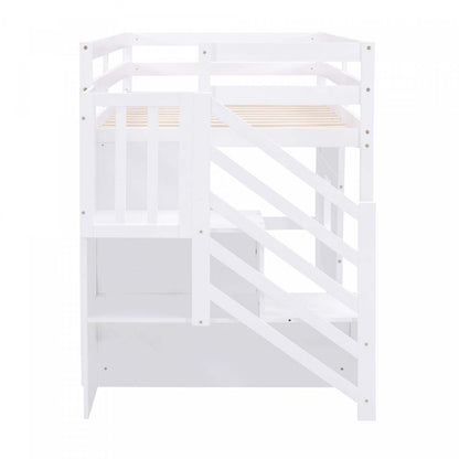 Lit mezzanine simple Martin en bois massif avec escalier de rangement, fenêtre de jeu, lumière LED - Blanc | Martin – Lit Mezzanine Simple En Bois Massif Avec Escaliers De Rangement, Fenetre Ludique Et Eclairage Del – Blanc