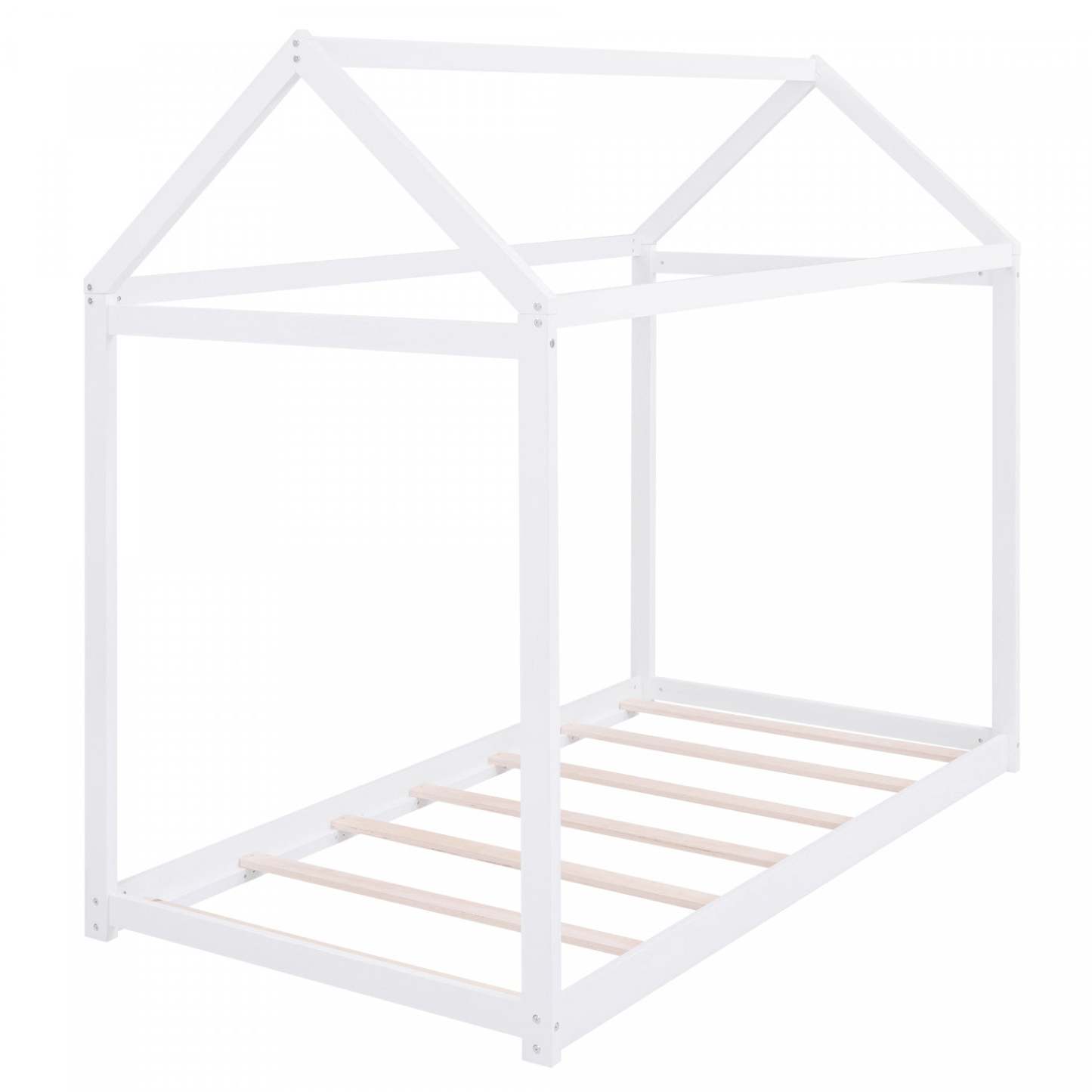 Lit maison en bois massif au design facile à nettoyer Susan avec cadre de toit, taille simple - Blanc | Lit De Maison En Bois Massif Au Design Facile A Nettoyer Avec Cadre De Toit, Taille Simple - Blanc