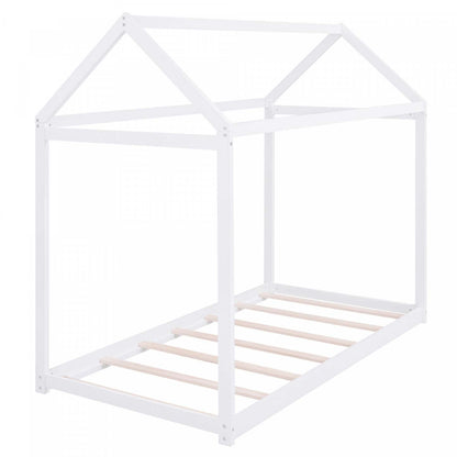 Lit maison en bois massif au design facile à nettoyer Susan avec cadre de toit, taille simple - Blanc | Lit De Maison En Bois Massif Au Design Facile A Nettoyer Avec Cadre De Toit, Taille Simple - Blanc