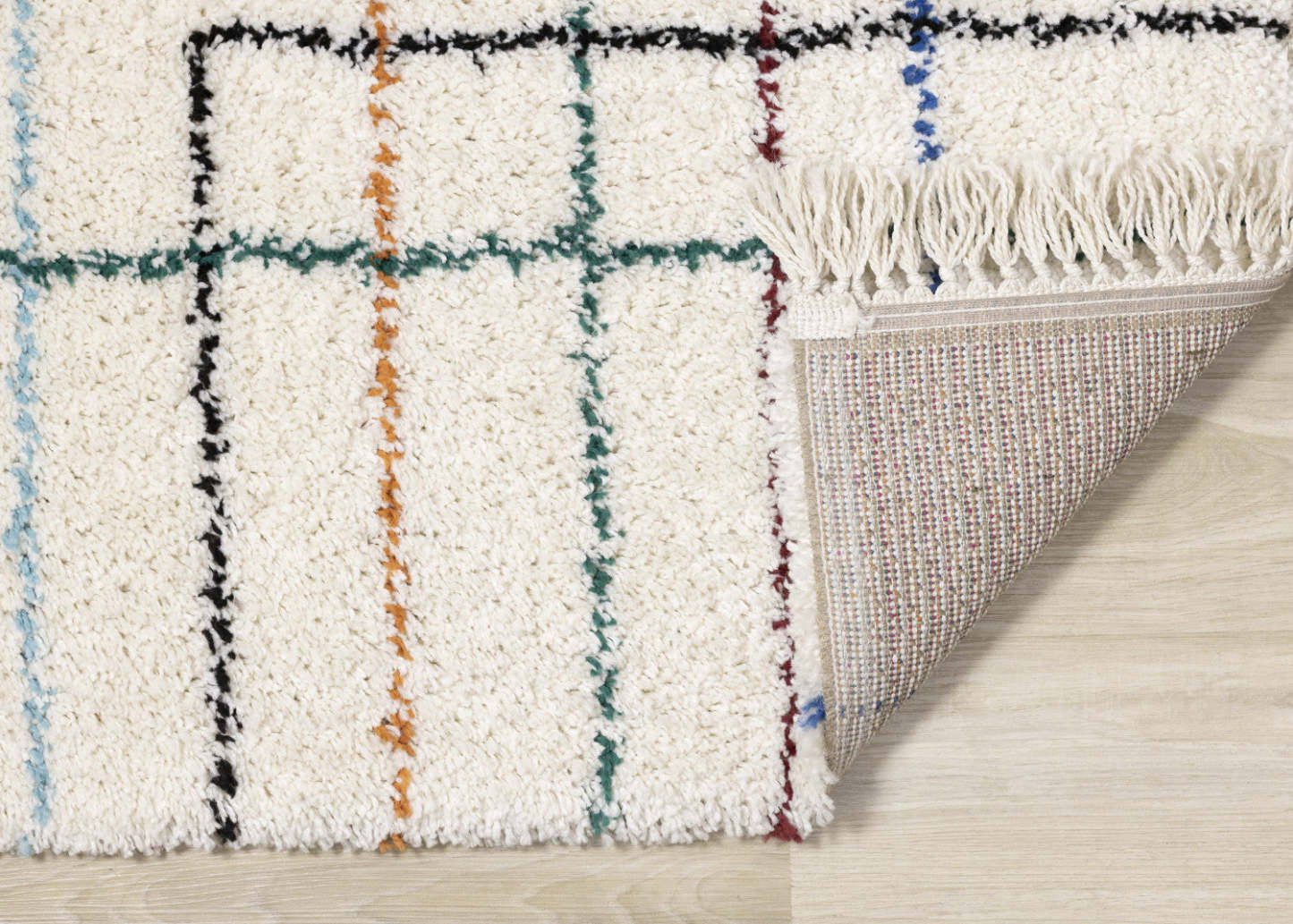 Carpette à poil long Bella avec lignes arc-en-ciel géométrique de style bohème - 5'3 x 7'7