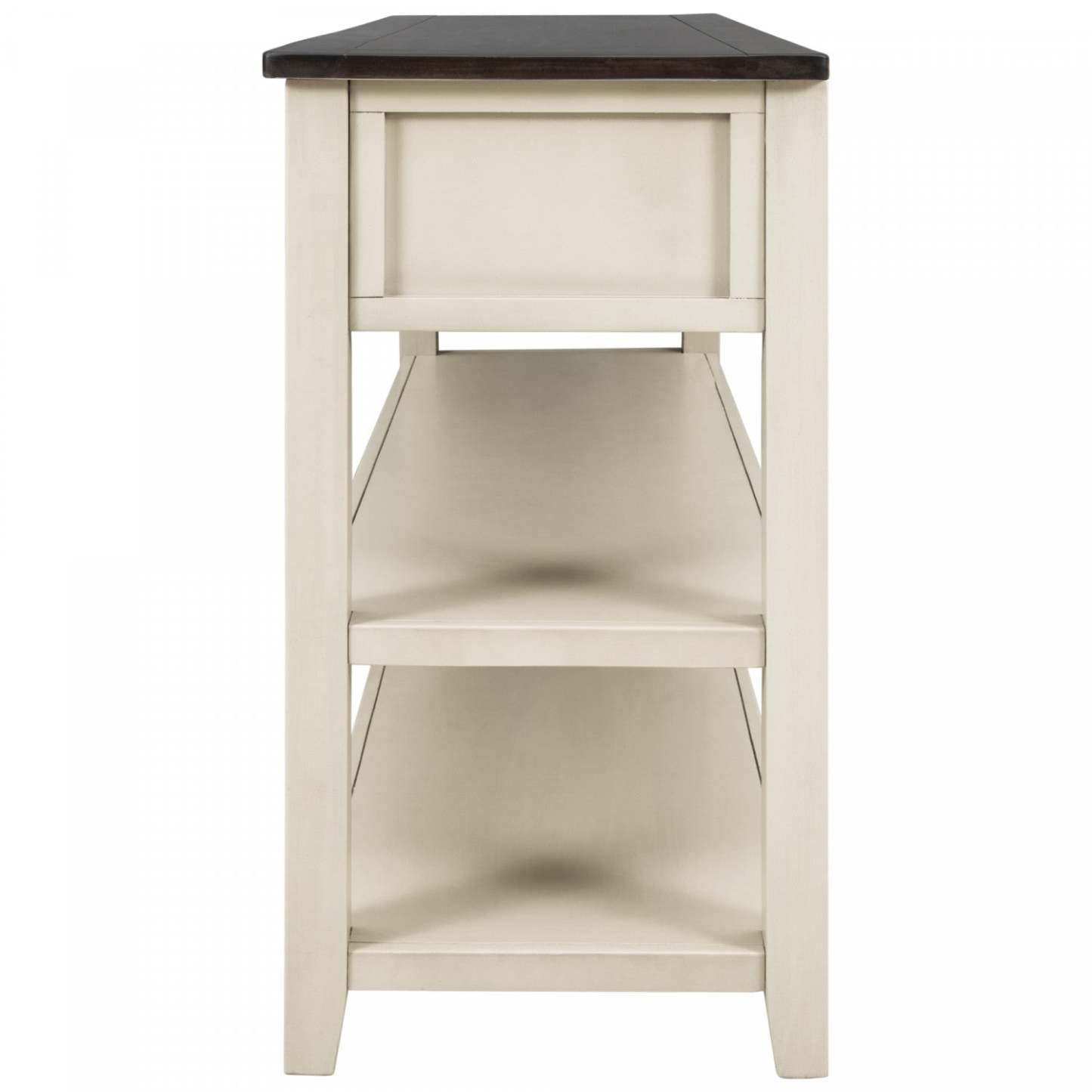 Wendy Table console en bois massif avec 3 tiroirs et 2 étagères ouvertes, armoire d'appoint beige | Console Wendy En Bois Massif Avec 3 Tiroirs Et 2 Etageres Ouvertes, Beige