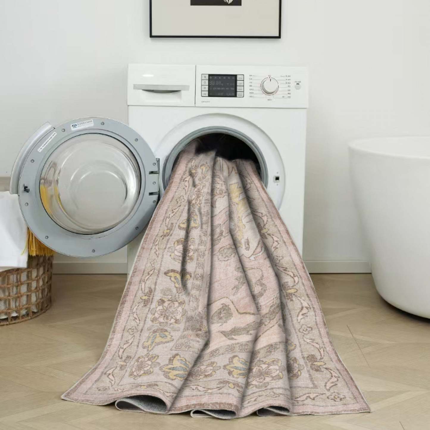 Tapis lavable antidérapant à poils courts rose turquoise 5'x7' | Tapis Rose Lavable Et Antidérapant À Poils Ras 5'x7'