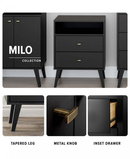 Bibliothèque moderne Milo Mid-Century avec 6 étagères, 2 portes et boutons au fini laiton brossé - Noir|Bibliothèque moderne du milieu du 20e siècle Milo avec 6 tablettes, 2 portes et poignées au fini laiton brossé - noire