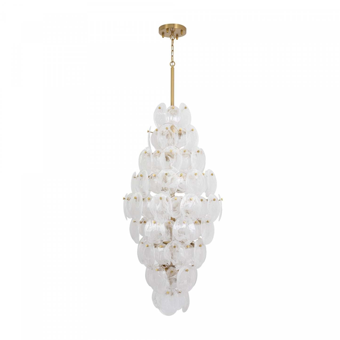 Lustre A 15 lampes Lily, Laiton Brosse Et Verre Genre Murano Blanc Vaporeux