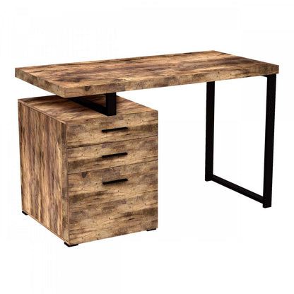 Bureau d'ordinateur 47" avec 3 tiroirs - Bois de récupération brun avec base en métal argenté | Bureau d'ordinateur de 47 po avec 3 tiroirs - bois recyclé brun avec base en métal argenté