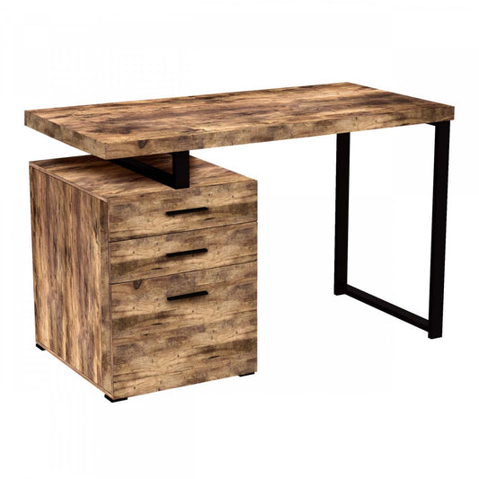Bureau d'ordinateur 47" avec 3 tiroirs - Bois de récupération brun avec base en métal argenté | Bureau d'ordinateur de 47 po avec 3 tiroirs - bois recyclé brun avec base en métal argenté