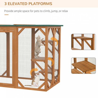 Pawhut Maison D'exterieur En Bois Pour Chat Cage Interieure Avec Toit En Asphalte, Plateformes A Plu