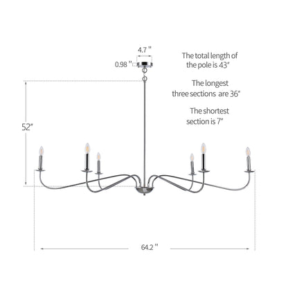 Lustre minimaliste à 6 lumières de 162,5 cm (64 pouces) en noir mat/or/chrome - Non disponible